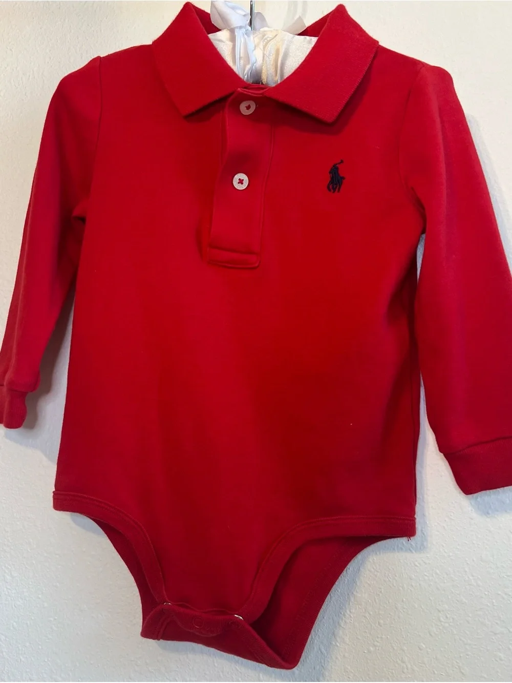Ralph Lauren Red Long Sleeve Baby Onesie with Navy Embroidered Pony